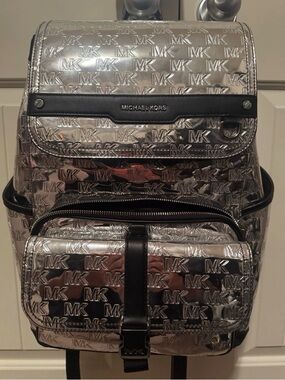 Michael Kors Silver Metallic MK Monogram Backpack with Black Trim